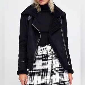 Zara Outerwear Black Shearling Faux suede Moto style size Medium